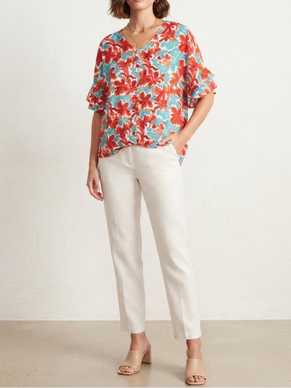 NWT Hailey & Co Vibrant Turquoise Coral Floral Ruffle Sleeve Tunic Blouse Size❤️